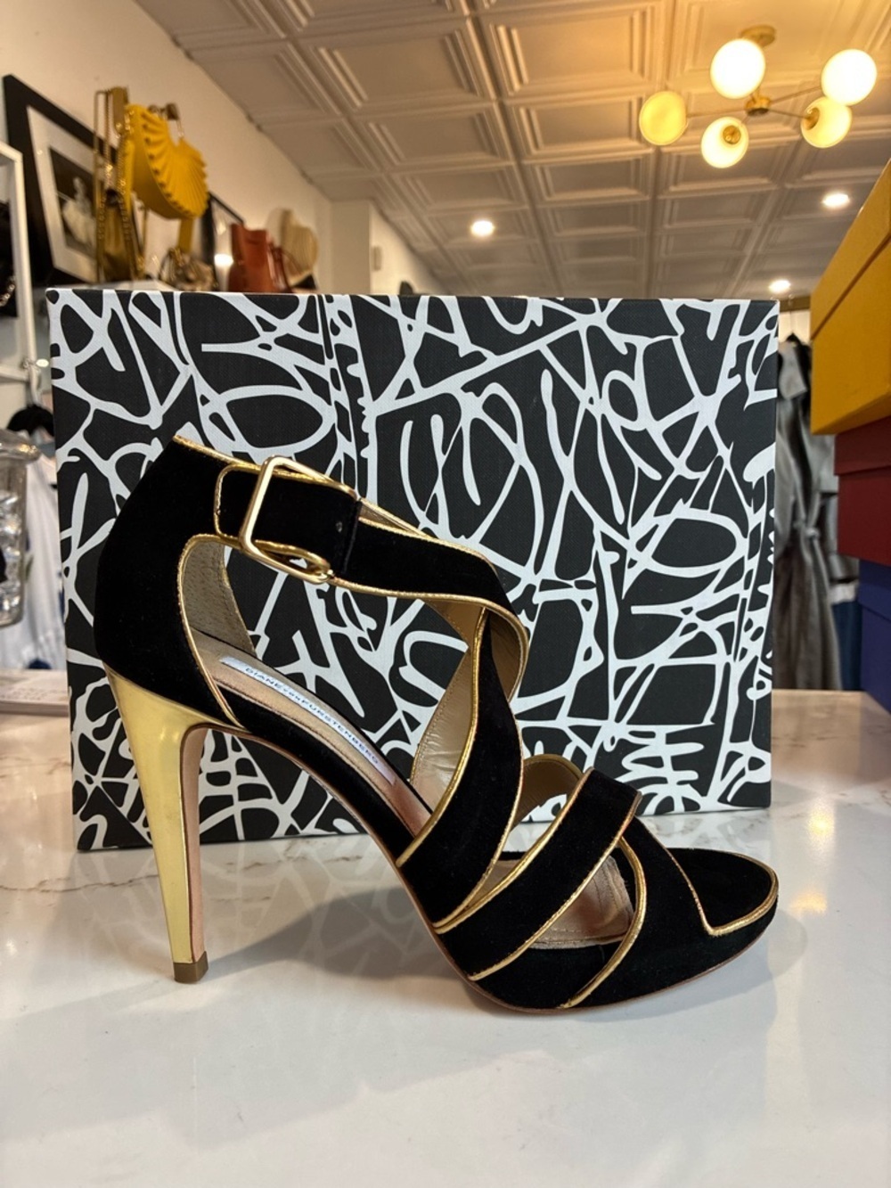 Diane Von Furstenberg Black Velvet Gold-Trim High Heel open toe